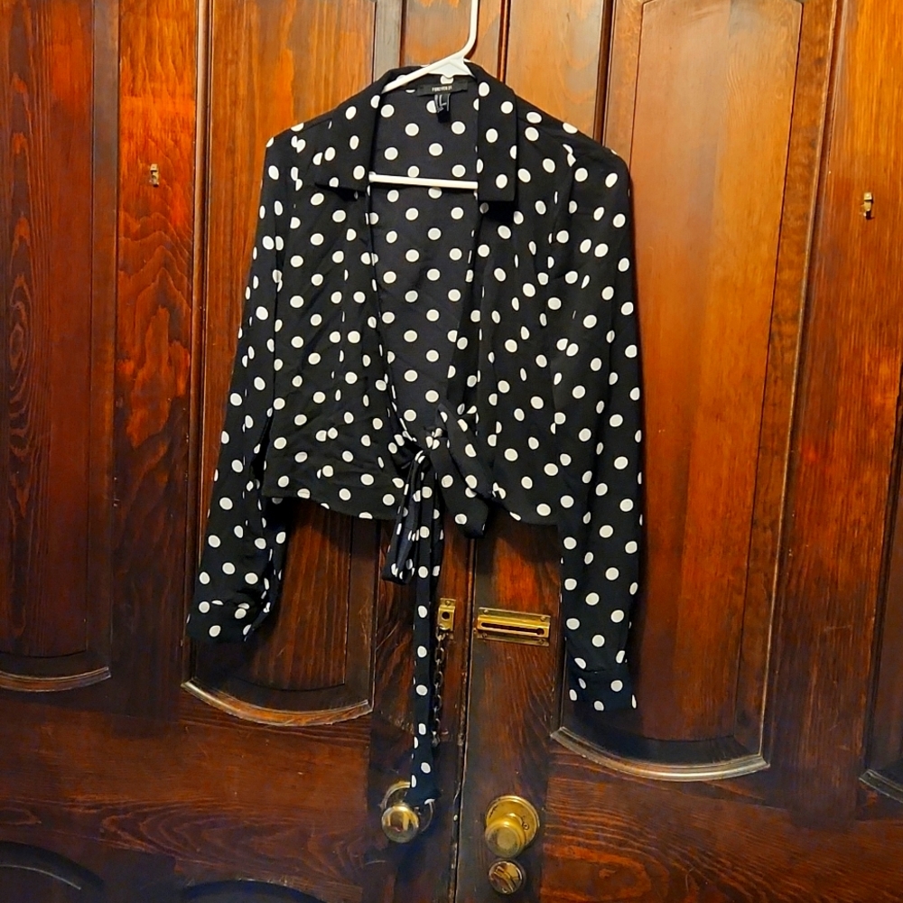 Black polka dot front tie blouse